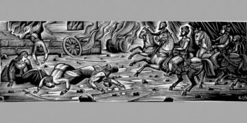 Λεπτομέρεια από χαρακτικό του Γ. Κυριακίδη με θέμα την Έξοδο του Μεσολογγίου (πηγή: e-thessalia.gr)