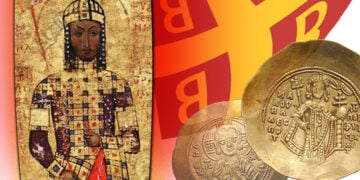 Ο Μανουήλ Α' Κομνηνός σε πορτρέτο που βρίσκεται στο Μουσείο του Βατικανού, η σημαία της Βυζαντινής Αυτοκρατορίας και οι δύο όψεις χρυσού νομίσματος της εποχής του (εικ.: Γεωργία Βορύλλα)