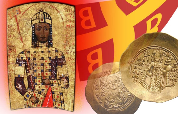 Ο Μανουήλ Α' Κομνηνός σε πορτρέτο που βρίσκεται στο Μουσείο του Βατικανού, η σημαία της Βυζαντινής Αυτοκρατορίας και οι δύο όψεις χρυσού νομίσματος της εποχής του (εικ.: Γεωργία Βορύλλα)