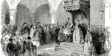 Ο Όθωνας και η Αμαλία εκκλησιάζονται στη Μητρόπολη Αθηνών, 1854. Γκραβούρα εποχής (πηγή: Ίδρυμα Αικατερίνης Λασκαρίδη)