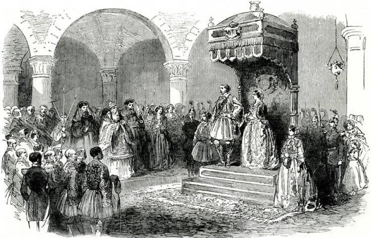 Ο Όθωνας και η Αμαλία εκκλησιάζονται στη Μητρόπολη Αθηνών, 1854. Γκραβούρα εποχής (πηγή: Ίδρυμα Αικατερίνης Λασκαρίδη)