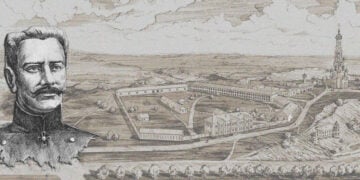 Το φρούριο της Σταυρούπολης τον 19ο αιώνα και αριστερά ο Γεώργιος Βλαστώφ (εικ.: Γεωργία Βορύλλα)