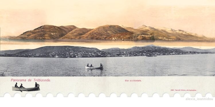 Σε πρώτο πλάνο φωτογραφία των αδελφών Κακούλη που απεικονίζει την Τραπεζούντα μέσα από τον Εύξεινο Πόντο. Στο βάθος λιθογραφία του 1851 με τίτλο «Τραπεζούς» (Trebizond) από τον W. H. Bartlett. (εικ.: Αλεξία Ιωαννίδου)