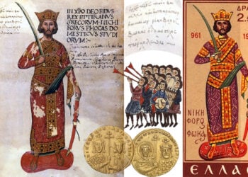 Ο Νικηφόρος Β΄ Φωκάς σε χειρόγραφο του 15ου αιώνα. Το πορτρέτο είναι σχεδόν βέβαιο ότι αποτελεί φανταστική απεικόνιση. Δεξιά, γραμματόσημο του 1961 για την 1.000ή επέτειο από την ανακατάληψη της Κρήτης. Στο κέντρο δύο νομίσματα, στο ένα είναι με τη Θεοτόκο και στο άλλο με τον γιο του Βασίλειο (πηγή: Wikipedia)