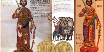 Ο Νικηφόρος Β΄ Φωκάς σε χειρόγραφο του 15ου αιώνα. Το πορτρέτο είναι σχεδόν βέβαιο ότι αποτελεί φανταστική απεικόνιση. Δεξιά, γραμματόσημο του 1961 για την 1.000ή επέτειο από την ανακατάληψη της Κρήτης. Στο κέντρο δύο νομίσματα, στο ένα είναι με τη Θεοτόκο και στο άλλο με τον γιο του Βασίλειο (πηγή: Wikipedia)