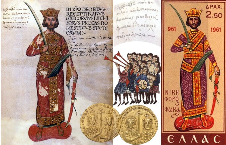 Ο Νικηφόρος Β΄ Φωκάς σε χειρόγραφο του 15ου αιώνα. Το πορτρέτο είναι σχεδόν βέβαιο ότι αποτελεί φανταστική απεικόνιση. Δεξιά, γραμματόσημο του 1961 για την 1.000ή επέτειο από την ανακατάληψη της Κρήτης. Στο κέντρο δύο νομίσματα, στο ένα είναι με τη Θεοτόκο και στο άλλο με τον γιο του Βασίλειο (πηγή: Wikipedia)