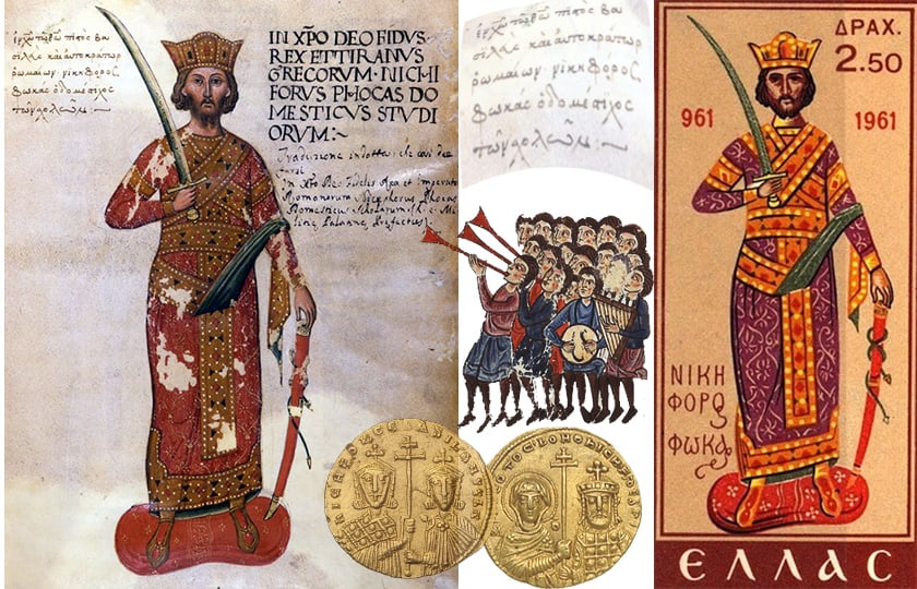 Ο Νικηφόρος Β΄ Φωκάς σε χειρόγραφο του 15ου αιώνα. Το πορτρέτο είναι σχεδόν βέβαιο ότι αποτελεί φανταστική απεικόνιση. Δεξιά, γραμματόσημο του 1961 για την 1.000ή επέτειο από την ανακατάληψη της Κρήτης. Στο κέντρο δύο νομίσματα, στο ένα είναι με τη Θεοτόκο και στο άλλο με τον γιο του Βασίλειο (πηγή: Wikipedia)