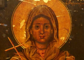 Μέρος φορητής εικόνας του 1879, στην οποία αριστάνεται η Αγία Αναστασία η Φαρμακολύτρια (πηγή: Εφορεία Αρχαιοτήτων Πόλης Θεσσαλονίκης)