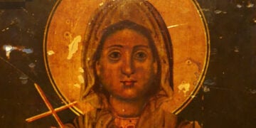 Μέρος φορητής εικόνας του 1879, στην οποία αριστάνεται η Αγία Αναστασία η Φαρμακολύτρια (πηγή: Εφορεία Αρχαιοτήτων Πόλης Θεσσαλονίκης)