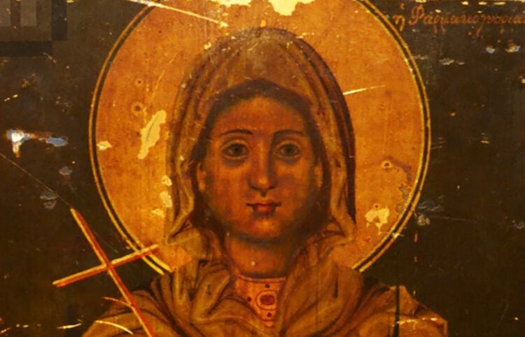 Μέρος φορητής εικόνας του 1879, στην οποία αριστάνεται η Αγία Αναστασία η Φαρμακολύτρια (πηγή: Εφορεία Αρχαιοτήτων Πόλης Θεσσαλονίκης)