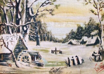 «Δειλινό σε χειμερινό τοπίο», λάδι σε μουσαμά. Έργο του Τραπεζούντιου Βελισσάριου Βελισσαρίδη. Το δώρισε ο Θεμιστολής Βελισσαρίδης στην Επιτροπή Ποντιακών Μελετών (φωτ.: ΕΠΜ)