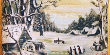 «Δειλινό σε χειμερινό τοπίο», λάδι σε μουσαμά. Έργο του Τραπεζούντιου Βελισσάριου Βελισσαρίδη. Το δώρισε ο Θεμιστολής Βελισσαρίδης στην Επιτροπή Ποντιακών Μελετών (φωτ.: ΕΠΜ)