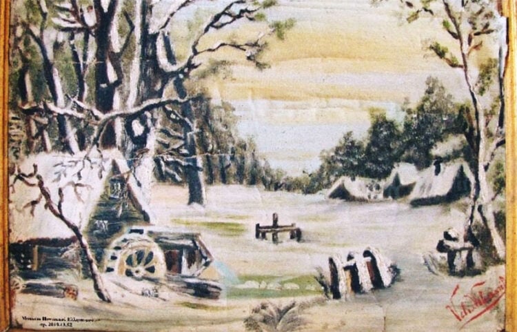 «Δειλινό σε χειμερινό τοπίο», λάδι σε μουσαμά. Έργο του Τραπεζούντιου Βελισσάριου Βελισσαρίδη. Το δώρισε ο Θεμιστολής Βελισσαρίδης στην Επιτροπή Ποντιακών Μελετών (φωτ.: ΕΠΜ)