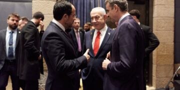 Ο Κυριάκος Μητσοτάκης στην Τριμερή Σύνοδο Κορυφής Ελλάδας-Κύπρου-Ισραήλ. Δευτέρα 22 Δεκεμβρίου 2025 (φωτ.: Γραφείο Τύπου Πρωθυπουργού / Δημήτρης Παπαμήτσος)