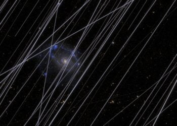 Προσομοίωση της προβλεπόμενης φωτορύπανσης δορυφόρων σε ένα μελλοντικό διαστημικό τηλεσκόπιο (φωτ.: NASA / Borlaff, Marcum, Howell Nature, 2025)