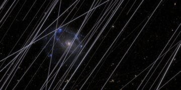 Προσομοίωση της προβλεπόμενης φωτορύπανσης δορυφόρων σε ένα μελλοντικό διαστημικό τηλεσκόπιο (φωτ.: NASA / Borlaff, Marcum, Howell Nature, 2025)