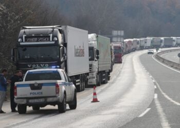 Ακινητοποιημένα φορτηγά διεθνών μεταφορών στο τελωνείο του Προμαχώνα (φωτ.: ΜΟΤΙΟΝΤΕΑΜ/Βασίλης Βερβερίδης)