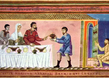 Απεικόνιση της παραβολής του πλουσίου με τον φτωχό Λάζαρο σε μικρογραφία κώδικα (πηγή: commons.wikimedia.org)