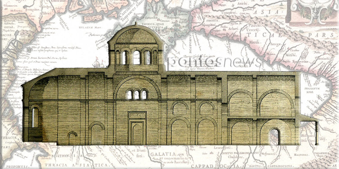 Κάθετη τομή της Παναγίας Χρυσοκεφάλου, στην Τραπεζούντα, 1864 (πηγή: Συλλογή Ιδρύματος Αικατερίνης Λασκαρίδη / el.travelogues.gr). Στο φόντο ιστορικός χάρτης του Εύξεινου Πόντου (εικ.: Χριστίνα Κωνσταντάκη)