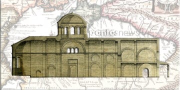 Κάθετη τομή της Παναγίας Χρυσοκεφάλου, στην Τραπεζούντα, 1864 (πηγή: Συλλογή Ιδρύματος Αικατερίνης Λασκαρίδη / el.travelogues.gr). Στο φόντο ιστορικός χάρτης του Εύξεινου Πόντου (εικ.: Χριστίνα Κωνσταντάκη)