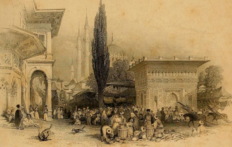 Εικόνα από την Κωνσταντινούπολη επί Οθωμανικής Αυτοκρατορίας (πηγή: Ίδρυμα Αικατερίνης Λασκαρίδη/ Travelogues/ WALSH, Robert/ALLOM, Thomas. Constantinople and the Scenery of the Seven Churches of Asia Minor illustrated. In a Series of Drawings from Nature by Thomas Allom. With an historical account of Constantinople, and descriptions of the plates, by the Rev. Robert Walsh..., Λονδίνο/Παρίσι, Fisher, Son & Co. [1836-38])