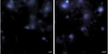 Εικόνα με την κατανομή της σκοτεινής ύλης στην περιοχή COSMOS, όπως παρατηρήθηκε από τα διαστημικά τηλεσκόπια Hubble (αριστερά) και James Webb (δεξιά) (φωτ.: Dr Gavin Leroy/Professor Richard Massey/COSMOS-Webb collaboration)