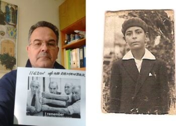 Αριστερά, ο Άκης Ρομπίσα κρατά τη φωτογραφία του πατέρα του με τους άλλους τρεις επιζώντες των στρατοπέδων συγκέντρωσης. Δεξιά, ο θείος του Πέπο Ιωσήφ, ο οποίος πέθανε στο στρατόπεδο (φωτ.: Άκης Ρομπίσα)