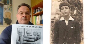 Αριστερά, ο Άκης Ρομπίσα κρατά τη φωτογραφία του πατέρα του με τους άλλους τρεις επιζώντες των στρατοπέδων συγκέντρωσης. Δεξιά, ο θείος του Πέπο Ιωσήφ, ο οποίος πέθανε στο στρατόπεδο (φωτ.: Άκης Ρομπίσα)