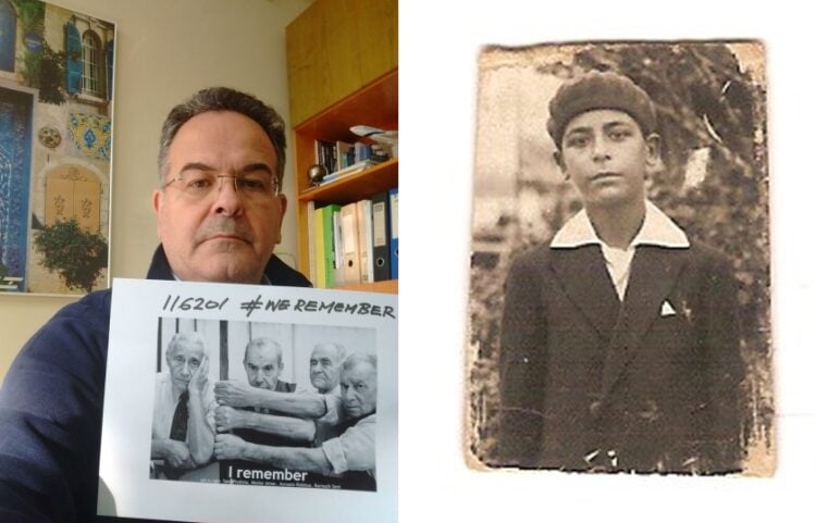 Αριστερά, ο Άκης Ρομπίσα κρατά τη φωτογραφία του πατέρα του με τους άλλους τρεις επιζώντες των στρατοπέδων συγκέντρωσης. Δεξιά, ο θείος του Πέπο Ιωσήφ, ο οποίος πέθανε στο στρατόπεδο (φωτ.: Άκης Ρομπίσα)