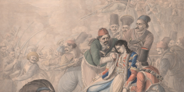 «Ο θάνατος της Γκούραινας». G. Oppitz. Επιχρωματισμένη λιθογραφία (πηγή: Εθνικό Ιστορικό Μουσείο |Συλλογή Χαρακτικών ΕΙΜ / Ιστορική και Εθνολογική Εταιρεία της Ελλάδος)