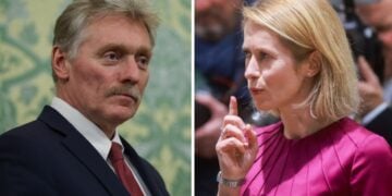 Ο εκπρόσωπος του Κρεμλίνου Ντμίτρι Πεσκόφ και η αντιπρόεδρος της Κομισιόν Κάγια Κάλας (φωτ.: ΕΡΑ/Ramil Sitdikov/Reuters / POOL/Olivier Hoslet)