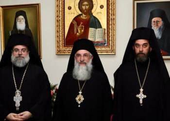Από αριστερά: Μητροπολίτης Κυδωνίας και Αποκορώνου Τίτος, Αρχιεπίσκοπος Κρήτης Ευγένιος, μητροπολίτης Λάμπης, Συβρίτου και Σφακίων Ιωακείμ. Στην Αρχιεπισκοπή Κρήτης, Τετάρτη 28 Ιανουαρίου 2026 (φωτ.: ΑΠΕ-ΜΠΕ / Νίκος Χαλκιαδάκης)