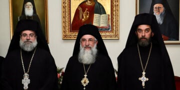 Από αριστερά: Μητροπολίτης Κυδωνίας και Αποκορώνου Τίτος, Αρχιεπίσκοπος Κρήτης Ευγένιος, μητροπολίτης Λάμπης, Συβρίτου και Σφακίων Ιωακείμ. Στην Αρχιεπισκοπή Κρήτης, Τετάρτη 28 Ιανουαρίου 2026 (φωτ.: ΑΠΕ-ΜΠΕ / Νίκος Χαλκιαδάκης)