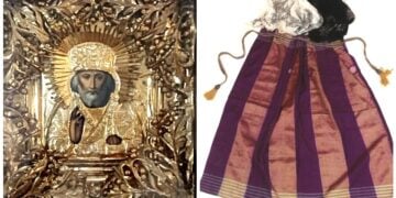 Δύο από τα κειμήλια: εικόνα του Αγίου Νικολάου από τη Λαχαρηνή Ματσούκας και μέρη γυναικείας ποντιακής φορεσιάς (πηγή: ΑΠΕ-ΜΠΕ)