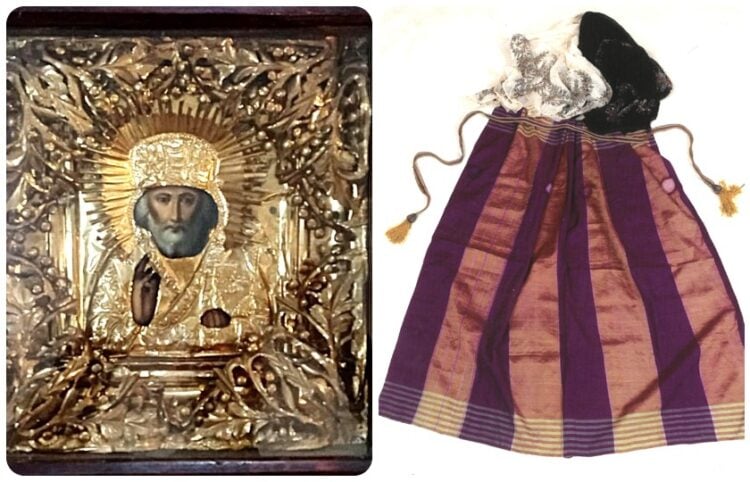 Δύο από τα κειμήλια: εικόνα του Αγίου Νικολάου από τη Λαχαρηνή Ματσούκας και μέρη γυναικείας ποντιακής φορεσιάς (πηγή: ΑΠΕ-ΜΠΕ)