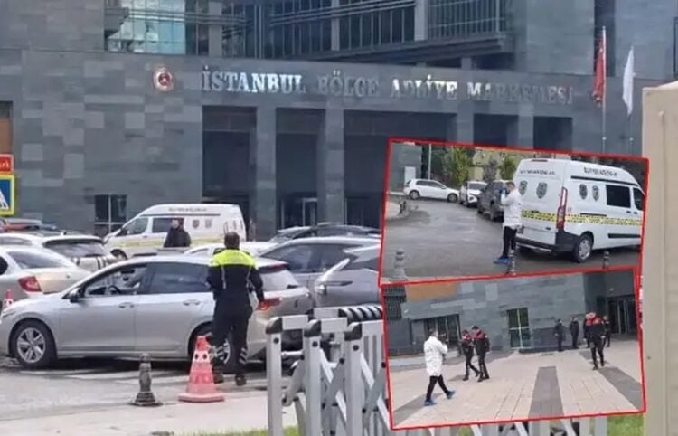 Αστυνομικοί έξω από το δικαστικό μέγαρο της Κωνσταντινούπολης όπου σημειώθηκε η επίθεση (φωτ.: dha.com.tr)