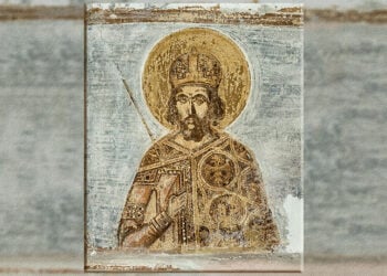 Προσωπογραφία του  Κωνσταντίνου ΙΑ’ Παλαιολόγου που αποκαλύφθηκε το 2024 στο Καθολικό της Παλαιάς Μονής Ταξιαρχών Αιγιαλείας (πηγή: EUROKINISSI / Γραφείο Τύπου υπουργείου Πολιτισμού)