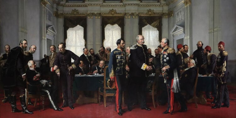 Το Συνέδριο του Βερολίνου [13 Ιουλίου 1878], σε πίνακα του Anton von Werner. Οι Μεγάλες Δυνάμεις αναδιαμόρφωσαν τους όρους της ειρήνης, αφήνοντας τους Αρμένιους εκτός αίθουσας και εκτός προστασίας (πηγή: Wikipedia)