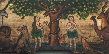 Ο Αδάμ και η Εύα στον Παράδεισο (εικόνα ζωγραφισμένη σε κυψέλη. Πηγή: Μελισσοκομικό Μουσείο Radovljic / commons.wikimedia.org)