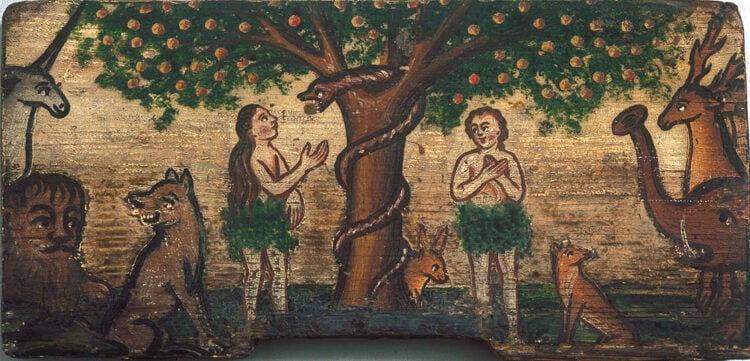 Ο Αδάμ και η Εύα στον Παράδεισο (εικόνα ζωγραφισμένη σε κυψέλη. Πηγή: Μελισσοκομικό Μουσείο Radovljic / commons.wikimedia.org)
