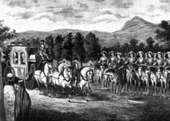 Οι Αμαζόνες χαιρετούν την Αικατερίνη Β', το 1787, κατά τη διάρκεια της περιοδείας της στην Ταυρίδα. Επικεφαλής του Λόχου των Αμαζόνων ήταν η 33χρονη Ελένη Ιβάνοβνα Σαραντόβα, σύζυγος του Έλληνα Ιωάννη Σαράντη (πηγή: commons.wikimedia.org/wiki/Schekinov Alexey Victorovich/ dlib.rsl.ru/viewer/01004002292#?page=211)