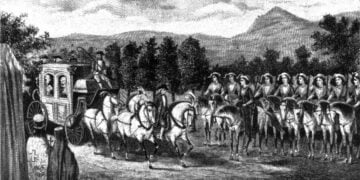 Οι Αμαζόνες χαιρετούν την Αικατερίνη Β', το 1787, κατά τη διάρκεια της περιοδείας της στην Ταυρίδα. Επικεφαλής του Λόχου των Αμαζόνων ήταν η 33χρονη Ελένη Ιβάνοβνα Σαραντόβα, σύζυγος του Έλληνα Ιωάννη Σαράντη (πηγή: commons.wikimedia.org/wiki/Schekinov Alexey Victorovich/ dlib.rsl.ru/viewer/01004002292#?page=211)