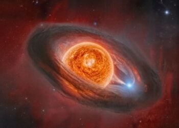 Καλλιτεχνική απεικόνιση του WOH G64 κατά την πρόσφατη μεταμόρφωσή του, με τη βοήθεια της τεχνητής νοημοσύνης
(πηγή: Daniel Cea Martinez)