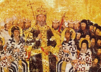 Ο Βυζαντινός αυτοκράτορας Ιωάννης ΣΤ' Καντακουζηνός προεδρεύει της Ησυχαστικής Συνόδου της Κωνσταντινούπολης, 1351. Ζωγραφική σε περγαμηνή, Ελληνικό Χειρόγραφο 1242 (Εθνική Βιβλιοθήκη της Γαλλίας. Πηγή: Wikimedia Commons)