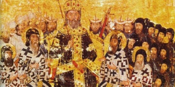 Ο Βυζαντινός αυτοκράτορας Ιωάννης ΣΤ' Καντακουζηνός προεδρεύει της Ησυχαστικής Συνόδου της Κωνσταντινούπολης, 1351. Ζωγραφική σε περγαμηνή, Ελληνικό Χειρόγραφο 1242 (Εθνική Βιβλιοθήκη της Γαλλίας. Πηγή: Wikimedia Commons)