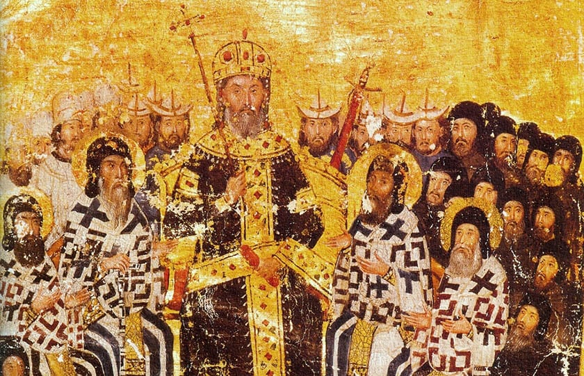 Ο Βυζαντινός αυτοκράτορας Ιωάννης ΣΤ' Καντακουζηνός προεδρεύει της Ησυχαστικής Συνόδου της Κωνσταντινούπολης, 1351. Ζωγραφική σε περγαμηνή, Ελληνικό Χειρόγραφο 1242 (Εθνική Βιβλιοθήκη της Γαλλίας. Πηγή: Wikimedia Commons)