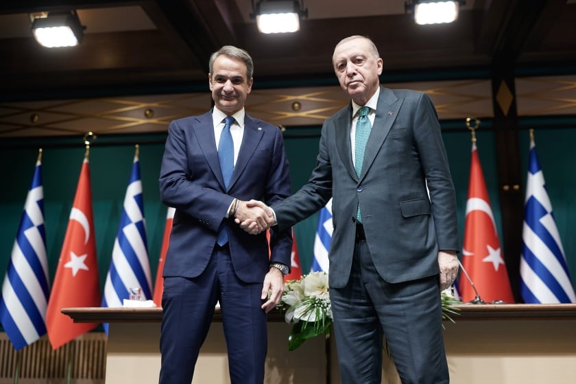 Εικόνα από τη συνάντηση του Κυριάκου Μητσοτάκη με τον Ρετζέπ Ταγίπ Ερντογάν στην Άγκυρα, όπου πραγματοποιήθηκε η 6η Σύνοδος του Ανώτατου Συμβουλίου Συνεργασίας Ελλάδας-Τουρκίας (φωτ.: Δημήτρης Παπαμήτσος/Γρ. Τύπου Πρωθυπουργού/EUROKINISSI)