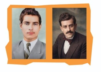 Από αριστερά, ο Ευαγόρας Παλληκαρίδης και ο Νίκος Καπετανίδης, σε επιχρωματισμένες φωτογραφίες τους, από την αφίσα της εκδήλωσης