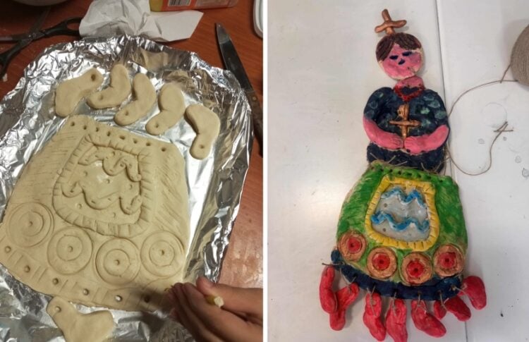 Η κυρά-Σαρακοστή στο στάδιο της προετοιμασίας και η τελική μορφή της (φωτ.: Σύλλογος Γονέων και Κηδεμόνων του Δημοτικού σχολείου Κεχροκάμπου)