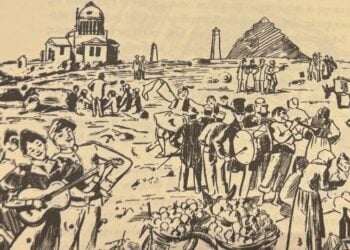 Σκίτσο από γλέντι Καθαράς Δευτέρας στις εξοχές της Αττικής, του περασμένου αιώνα (φωτ.: Εκδόσεις Polaris-Βιβλίο Μ. Λιδωρίκη)